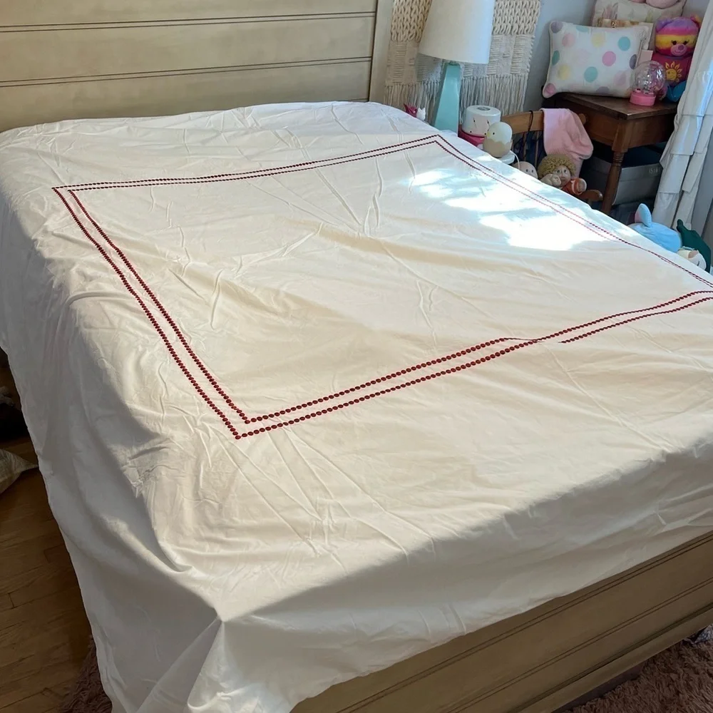 Pottery Barn Pearl Dot Embroidered Trim Duvet Set Ruby Red White Full Queen GUC